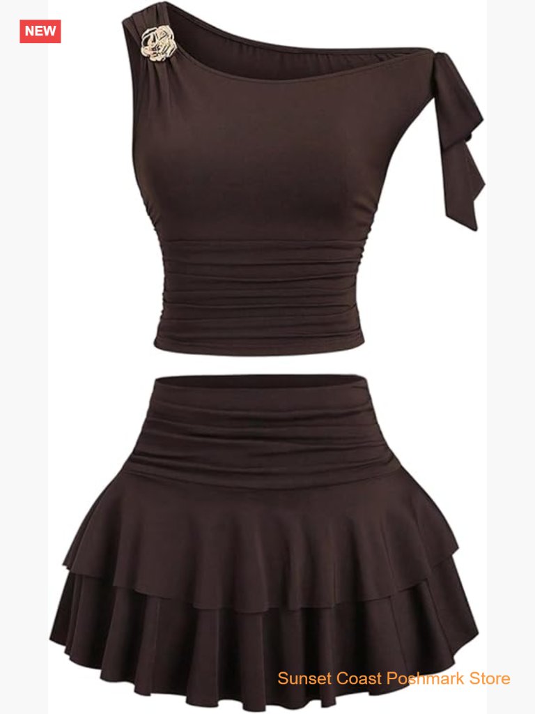 Off Shoulder Crop Top Ruffle Mini Skirt Set 2 Piece Going Out Outfit